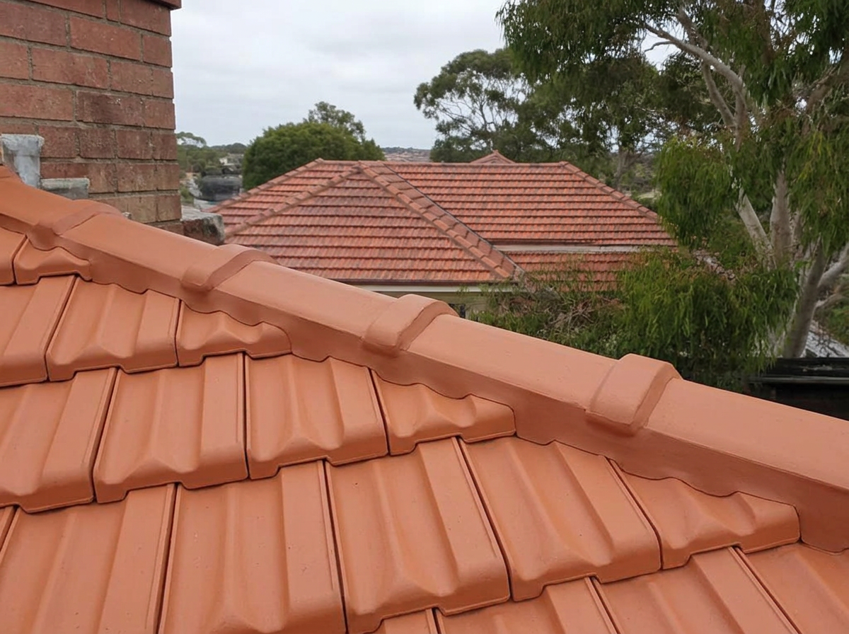 Same terracotta ridge line after re-bedding and flexible re-pointing