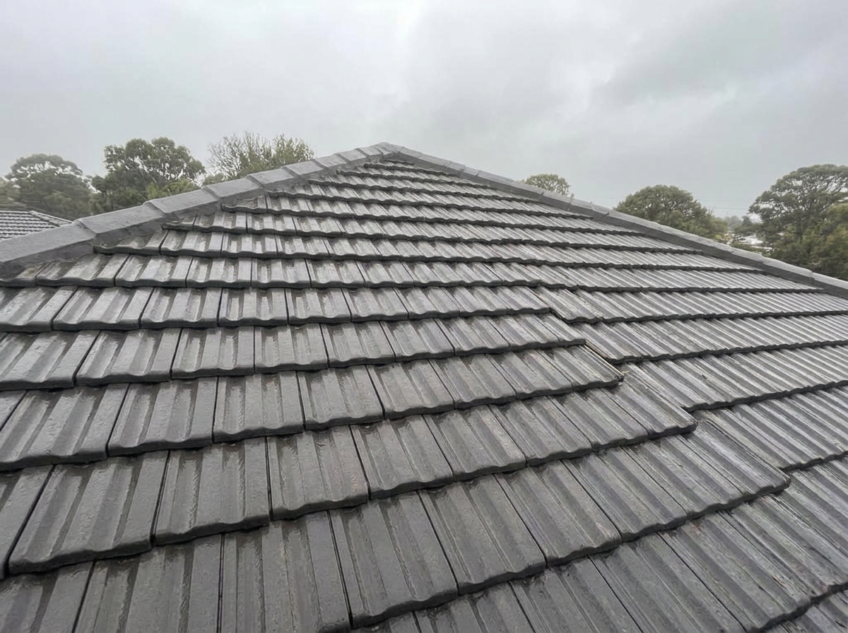 Same section of roof with matching replacement tiles laid and debris cleared